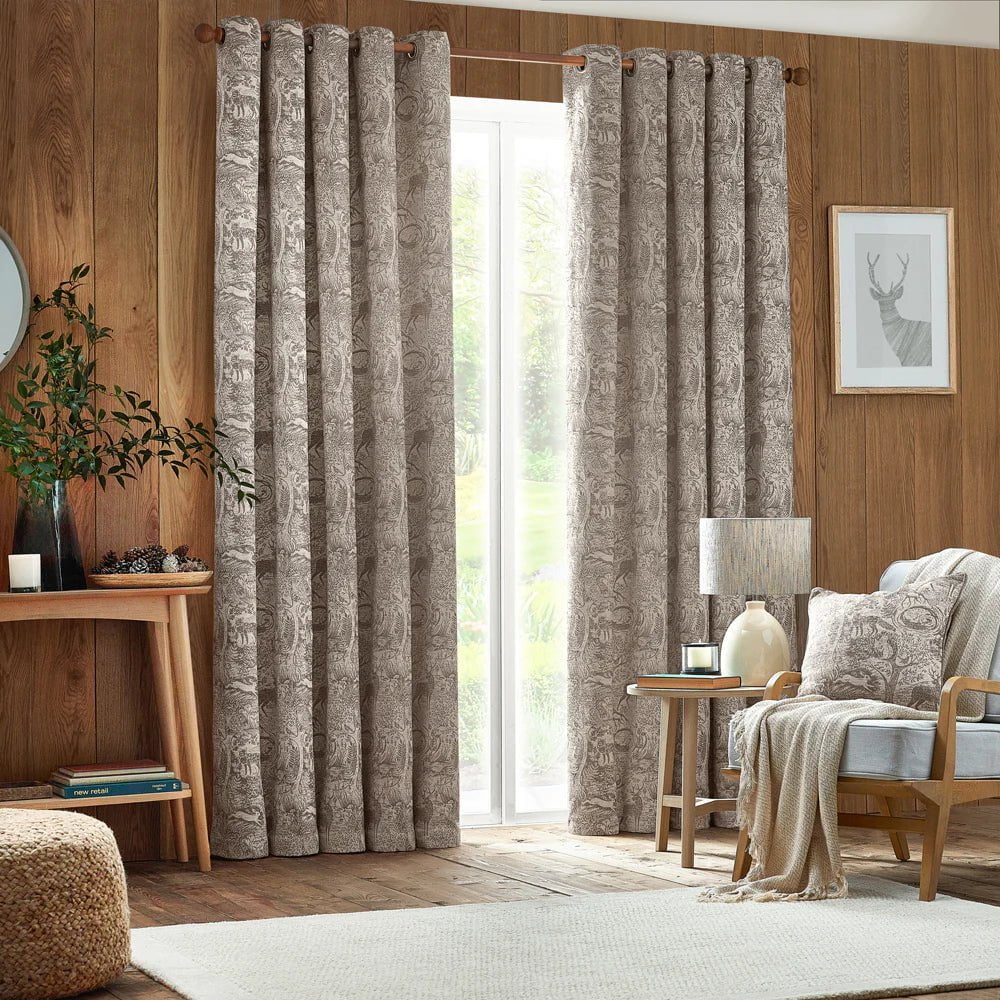 furn (Riva Home) Curtains Taupe Winter Woods Animal Chenille Eyelet Curtains (4 colours to choose from)  (90x90inch / 229x229cm)