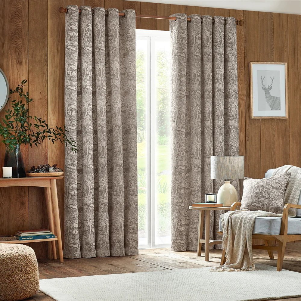 furn (Riva Home) Curtains Taupe Winter Woods Animal Chenille Eyelet Curtains by furn (4 colours to choose from)