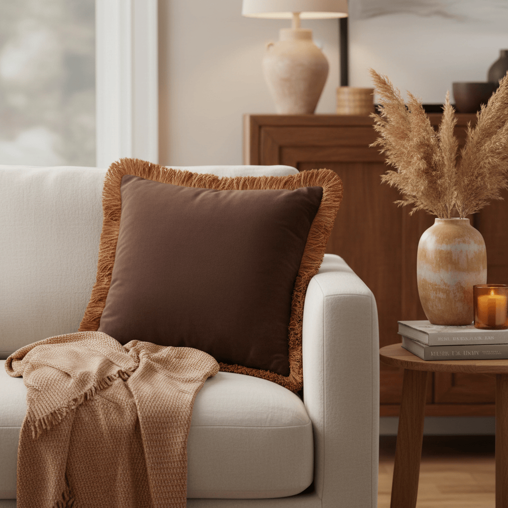 Furn (Riva Home) Cushions Chocolate / Caramel Halo Fringed Velvet Cushion by Furn