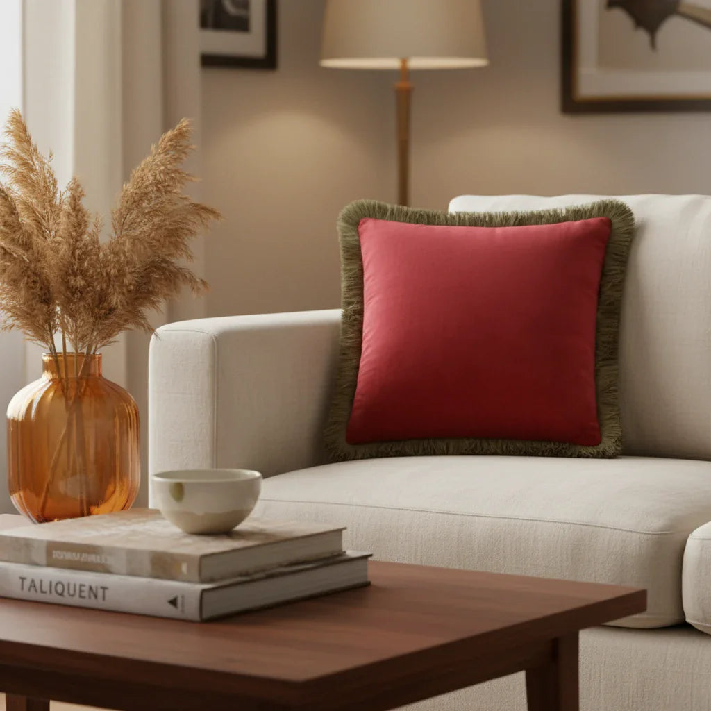 Furn (Riva Home) Cushions Dark Red / Fir Green Halo Fringed Velvet Cushion by Furn