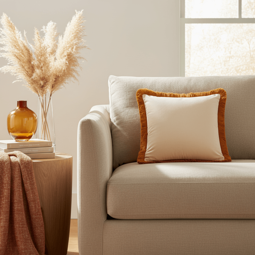 Furn (Riva Home) Cushions Ecru / Ginger Halo Fringed Velvet Cushion by Furn