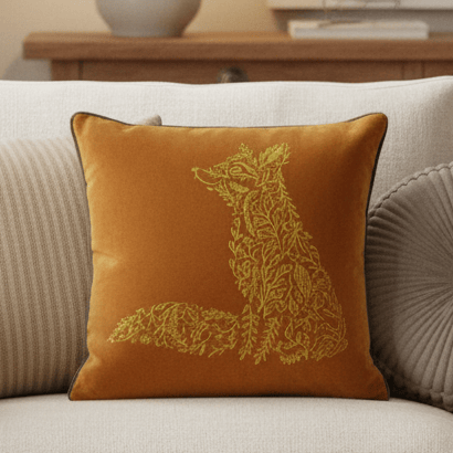 FOREST FAUNA WOODLAND FOX SQUARE CUSHION RUST/GOLD by Furn