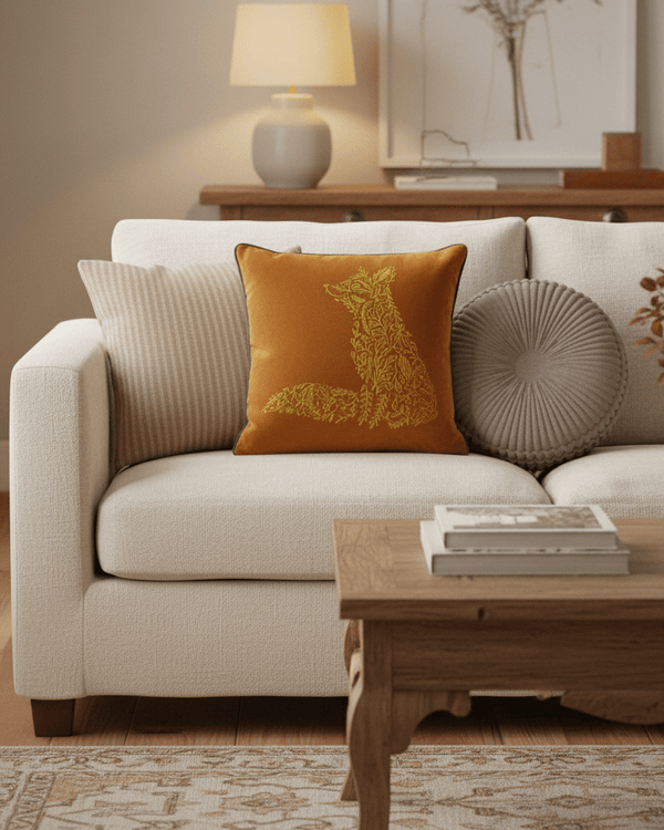 FOREST FAUNA WOODLAND FOX SQUARE CUSHION RUST/GOLD by Furn
