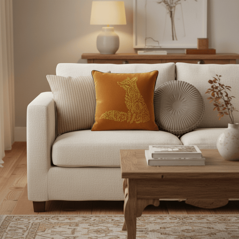 FOREST FAUNA WOODLAND FOX SQUARE CUSHION RUST/GOLD by Furn