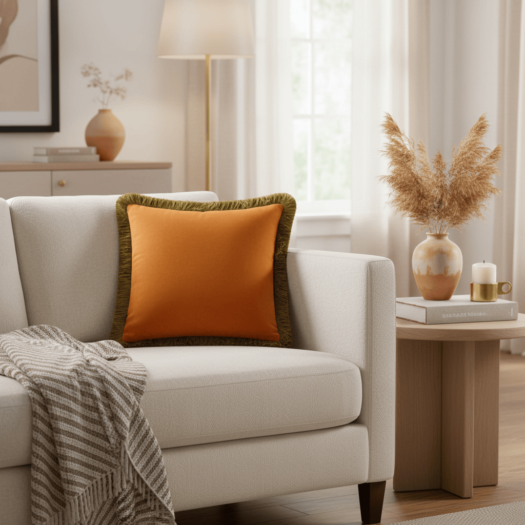 Furn (Riva Home) Cushions Ginger / Olive Halo Fringed Velvet Cushion by Furn