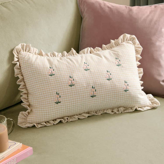 Furn (Riva Home) Cushions Natural LES PETITE FLEURS GINGHAM RUFFLE CUSHION by Furn