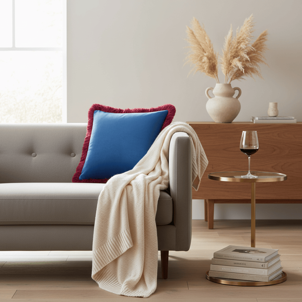Furn (Riva Home) Cushions Navy / Burgundy HALO FRINGED VELVET CUSHION by Furn