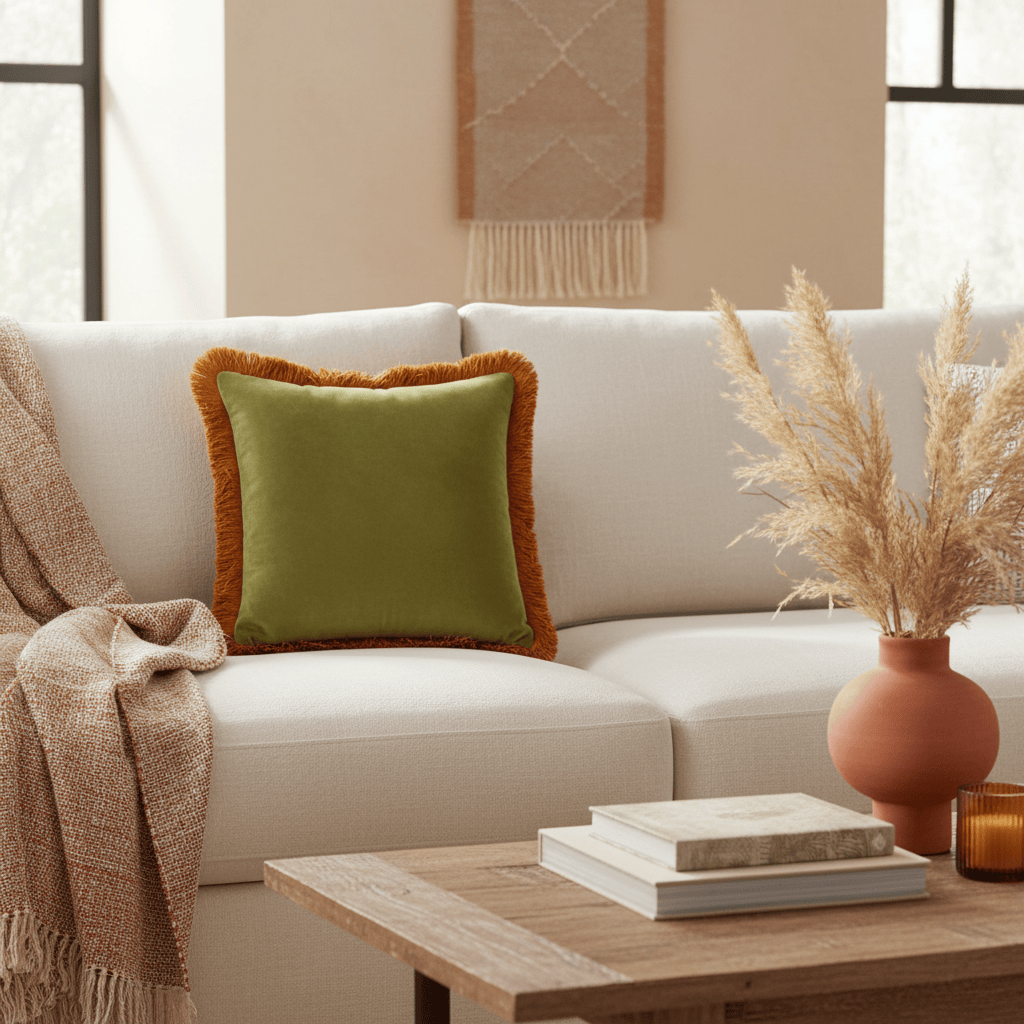 Furn (Riva Home) Cushions Olive / Ginger HALO FRINGED VELVET CUSHION by Furn
