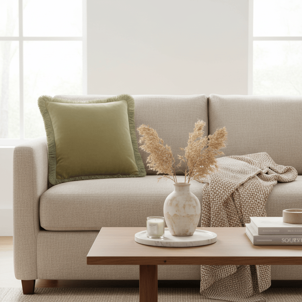 Furn (Riva Home) Cushions Sage / Green HALO FRINGED VELVET CUSHION by Furn