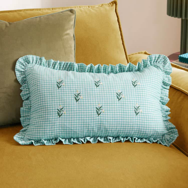 LES PETITE FLEURS GINGHAM RUFFLE CUSHION by Furn