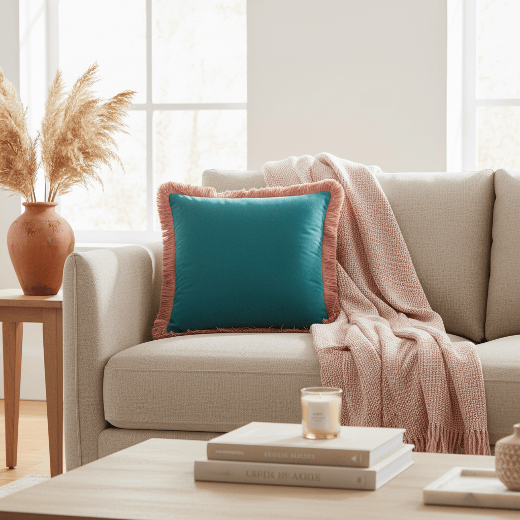 Furn (Riva Home) Cushions Teal / Blush HALO FRINGED VELVET CUSHION by Furn