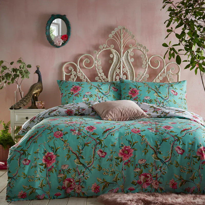 VINTAGE CHINOISERIE FLORAL EXOTIC DUVET COVER SET JADE by furn
