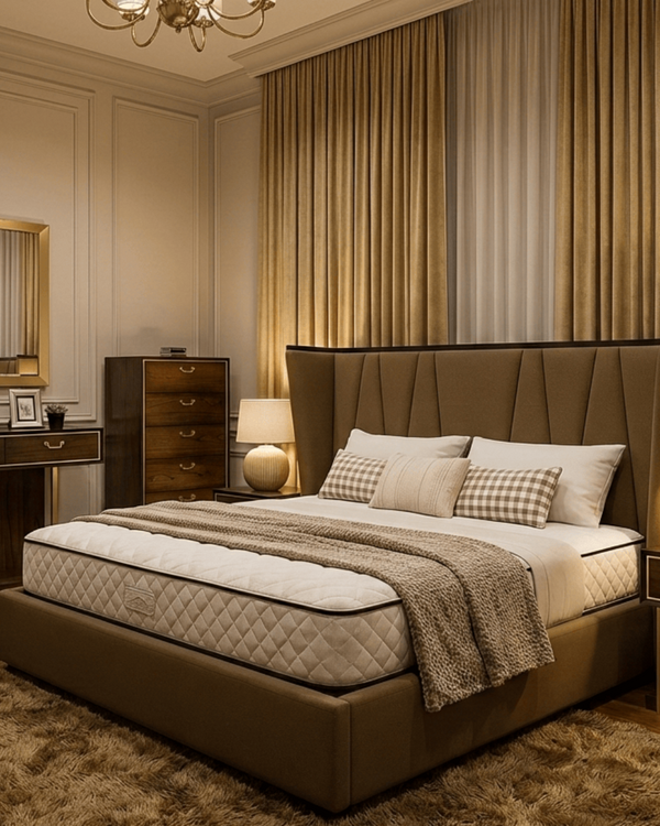 DUBAI BED – TAUPE FABRIC HEADBOARD WITH MATT BLACK ACCENTS