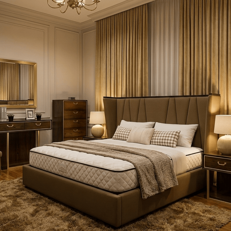 DUBAI BED – TAUPE FABRIC HEADBOARD WITH MATT BLACK ACCENTS
