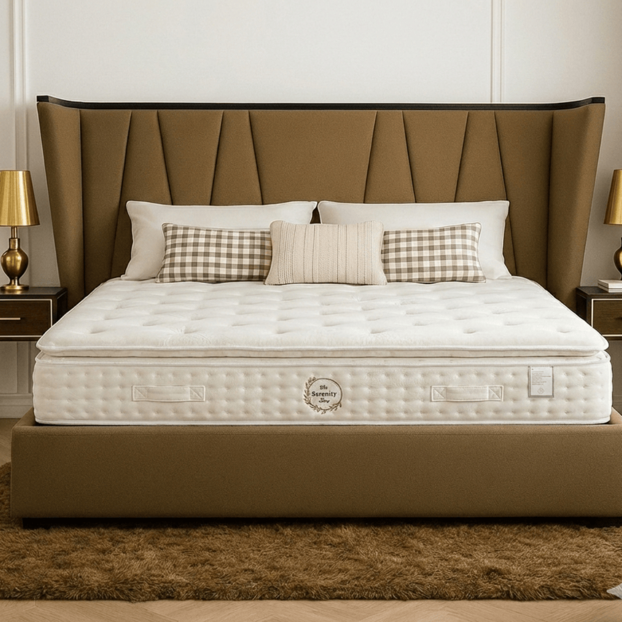 GIE Bed Base & Headboard DUBAI BED – TAUPE FABRIC HEADBOARD WITH MATT BLACK ACCENTS