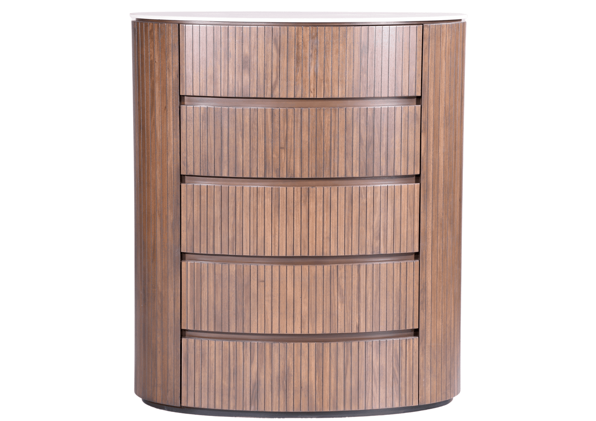 GIE Bedroom Vanities CLEO CHEST OF DRAWERS – DARK WOOD & MARBLE-LOOK TOP by GIE