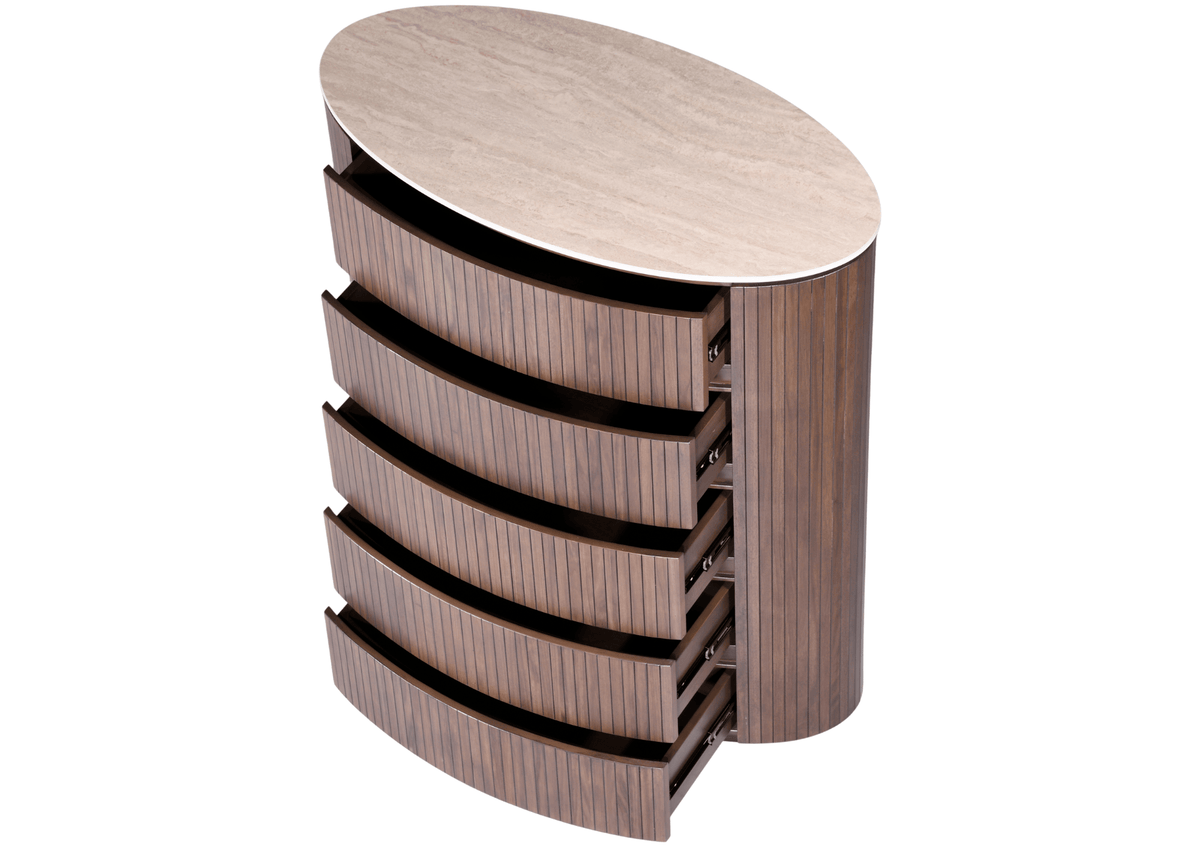 GIE Bedroom Vanities CLEO CHEST OF DRAWERS – DARK WOOD & MARBLE-LOOK TOP by GIE