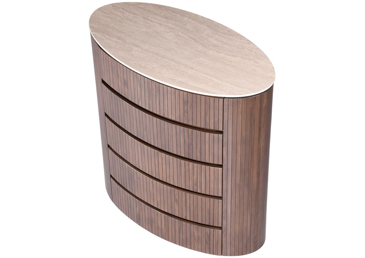 GIE Bedroom Vanities CLEO CHEST OF DRAWERS – DARK WOOD & MARBLE-LOOK TOP by GIE