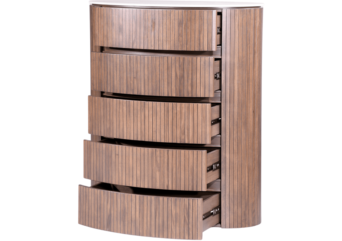 GIE Bedroom Vanities CLEO CHEST OF DRAWERS – DARK WOOD & MARBLE-LOOK TOP by GIE