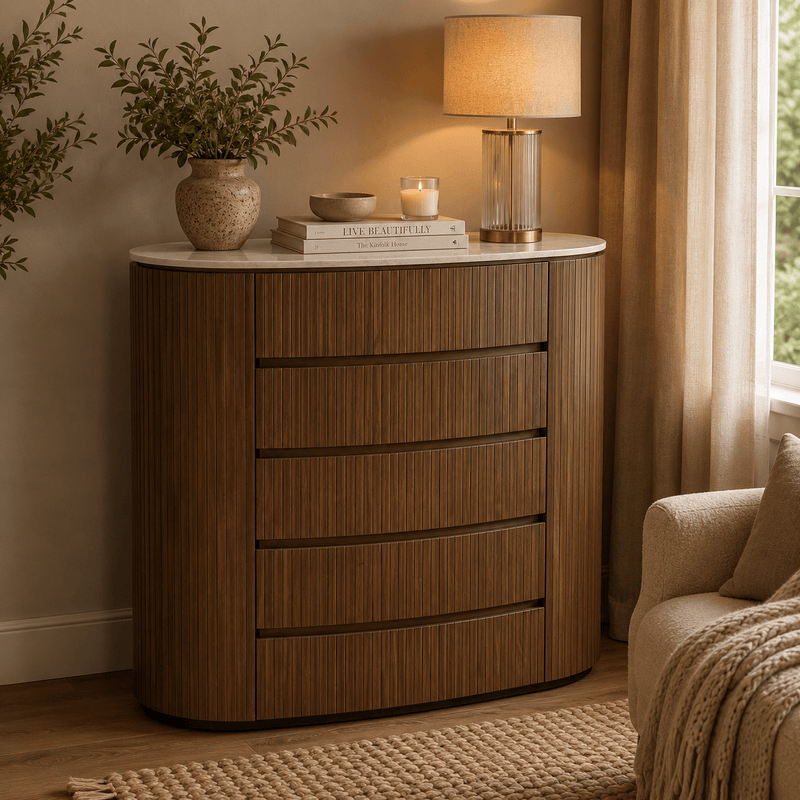CLEO CHEST OF DRAWERS – DARK WOOD & MARBLE-LOOK TOP by GIE