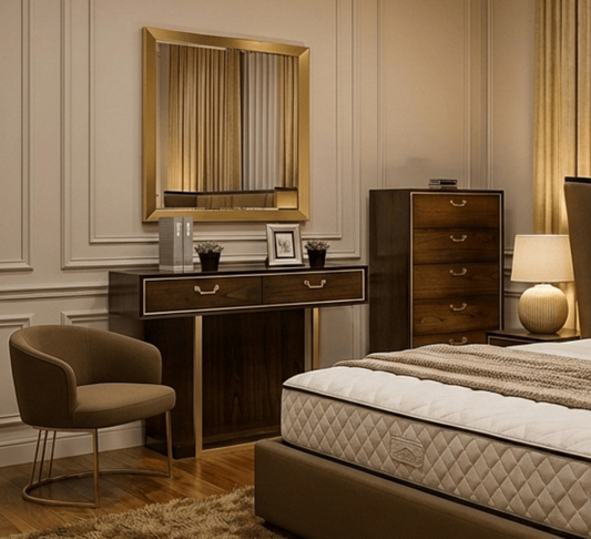 GIE Bedroom Vanities DUBAI DRESSING TABLE AND MIRROR SET – WALNUT WITH GOLD DETAILING
