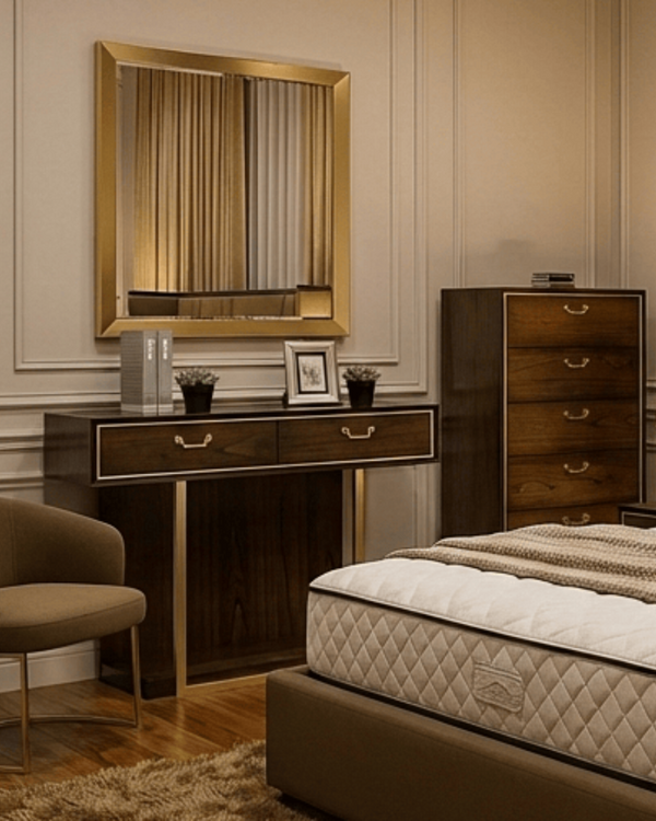 DUBAI DRESSING TABLE AND MIRROR SET – WALNUT WITH GOLD DETAILING