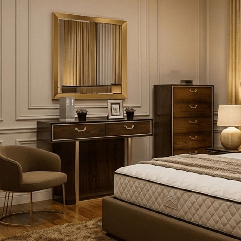 DUBAI DRESSING TABLE AND MIRROR SET – WALNUT WITH GOLD DETAILING
