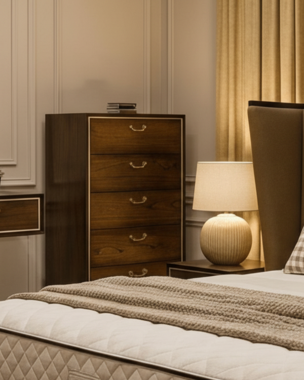 DUBAI TALL CHEST – 5 DRAWER STORAGE UNIT IN WALNUT WITH GOLDEN HANDLES