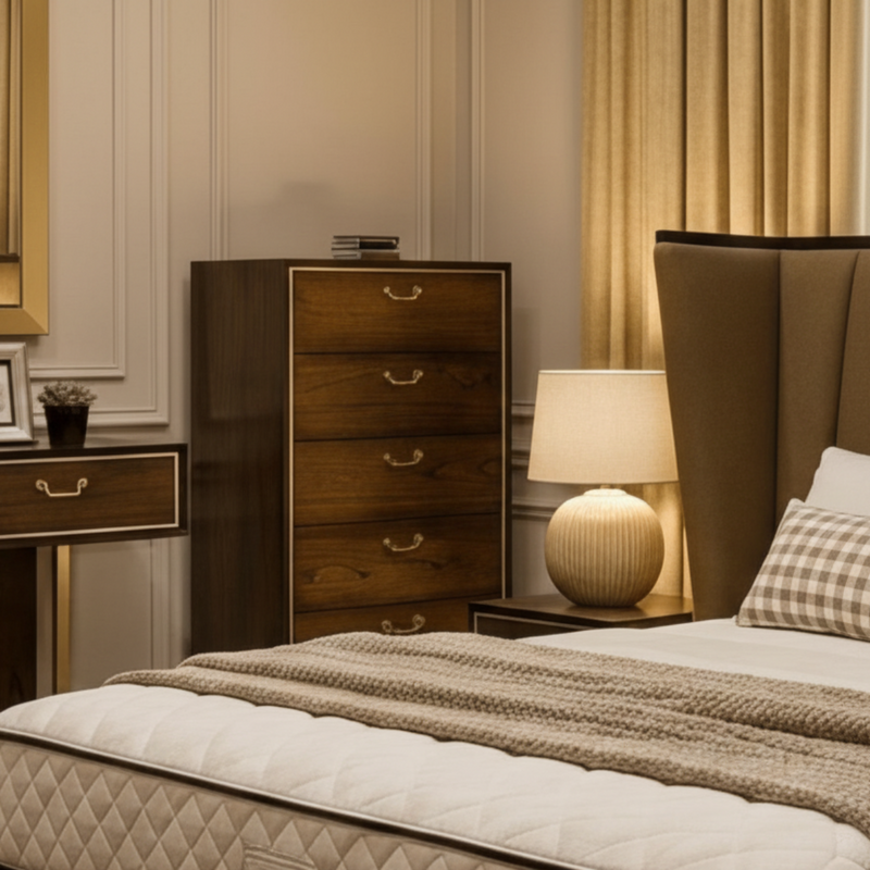 DUBAI TALL CHEST – 5 DRAWER STORAGE UNIT IN WALNUT WITH GOLDEN HANDLES