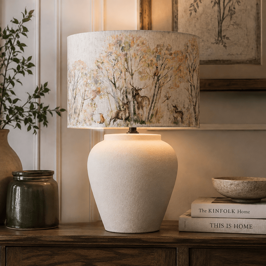 Hazelwood Interiors ENCHANTED FOREST EVA  EDESSA LAMP BUNDLE 40cm Forest Shade & Ecru Ceramic Base by Voyage Maison