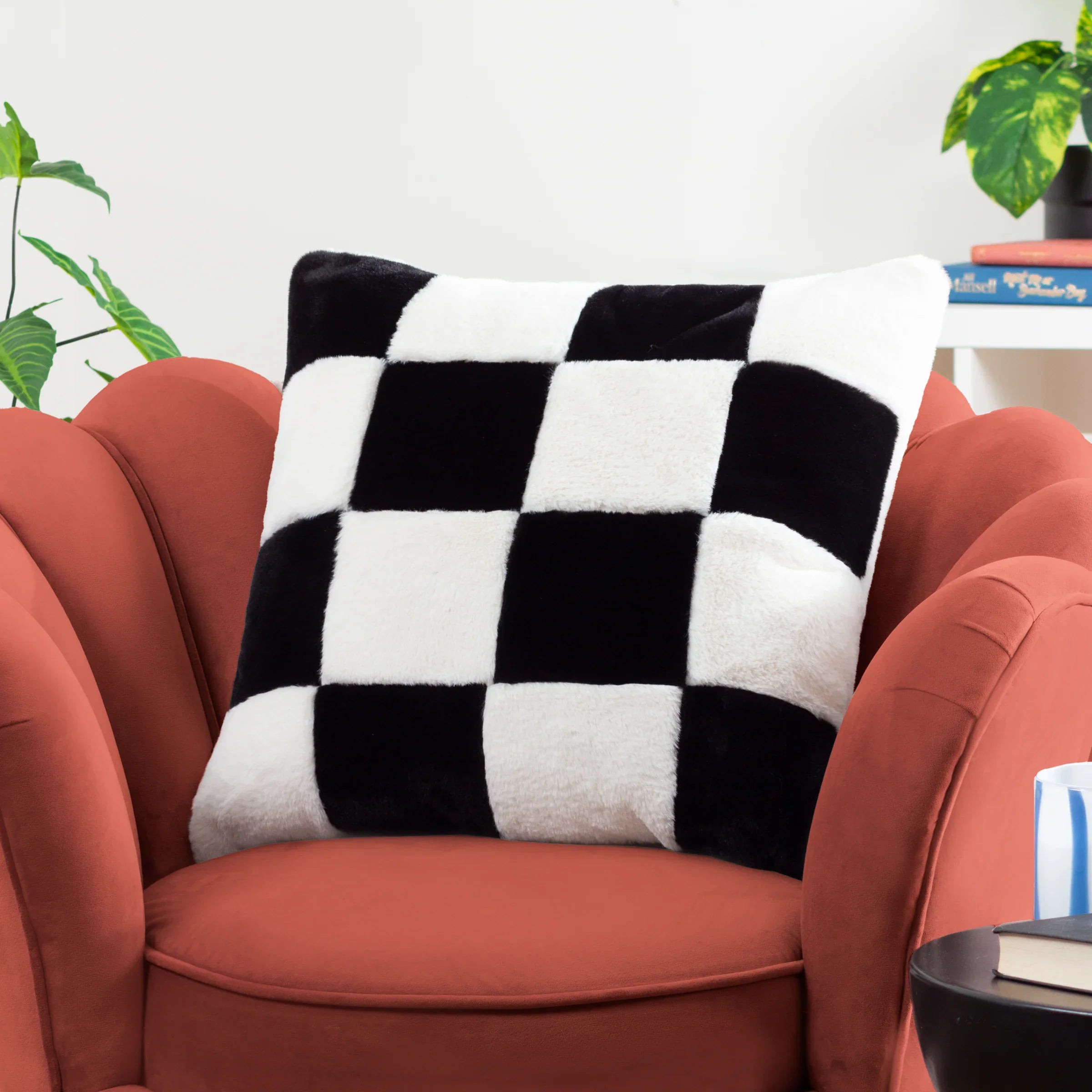 Heya Home (Riva Home) Cushions Black COZEE CHECK FAUX FUR FEATHER FILLED CUSHION – BLACK, LILAC, PINK OR SLATE BLUE by Heya Home