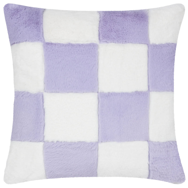 COZEE CHECK FAUX FUR FEATHER FILLED CUSHION – BLACK, LILAC, PINK OR SLATE BLUE by Heya Home