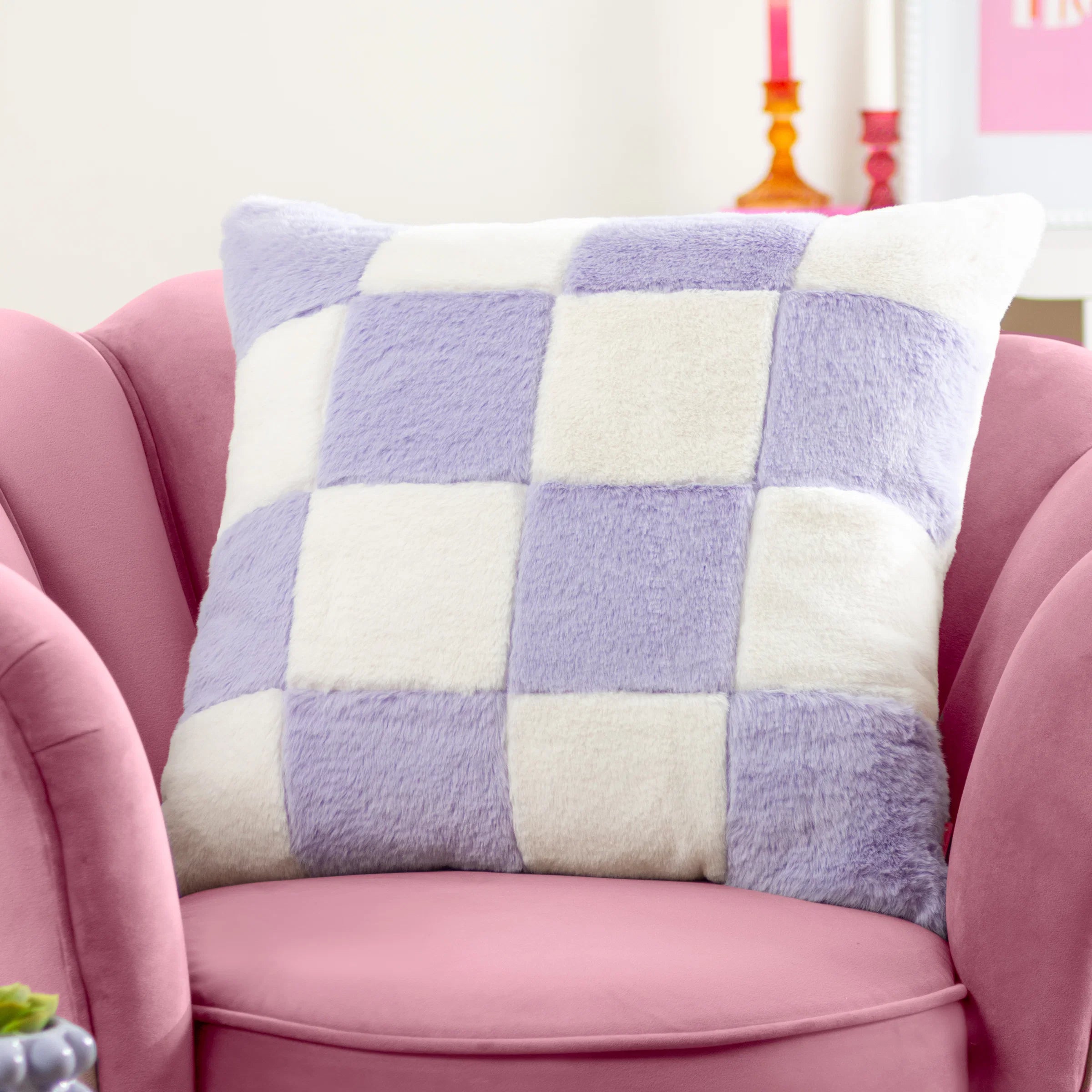 Heya Home (Riva Home) Cushions Lilac COZEE CHECK FAUX FUR FEATHER FILLED CUSHION – BLACK, LILAC, PINK OR SLATE BLUE by Heya Home