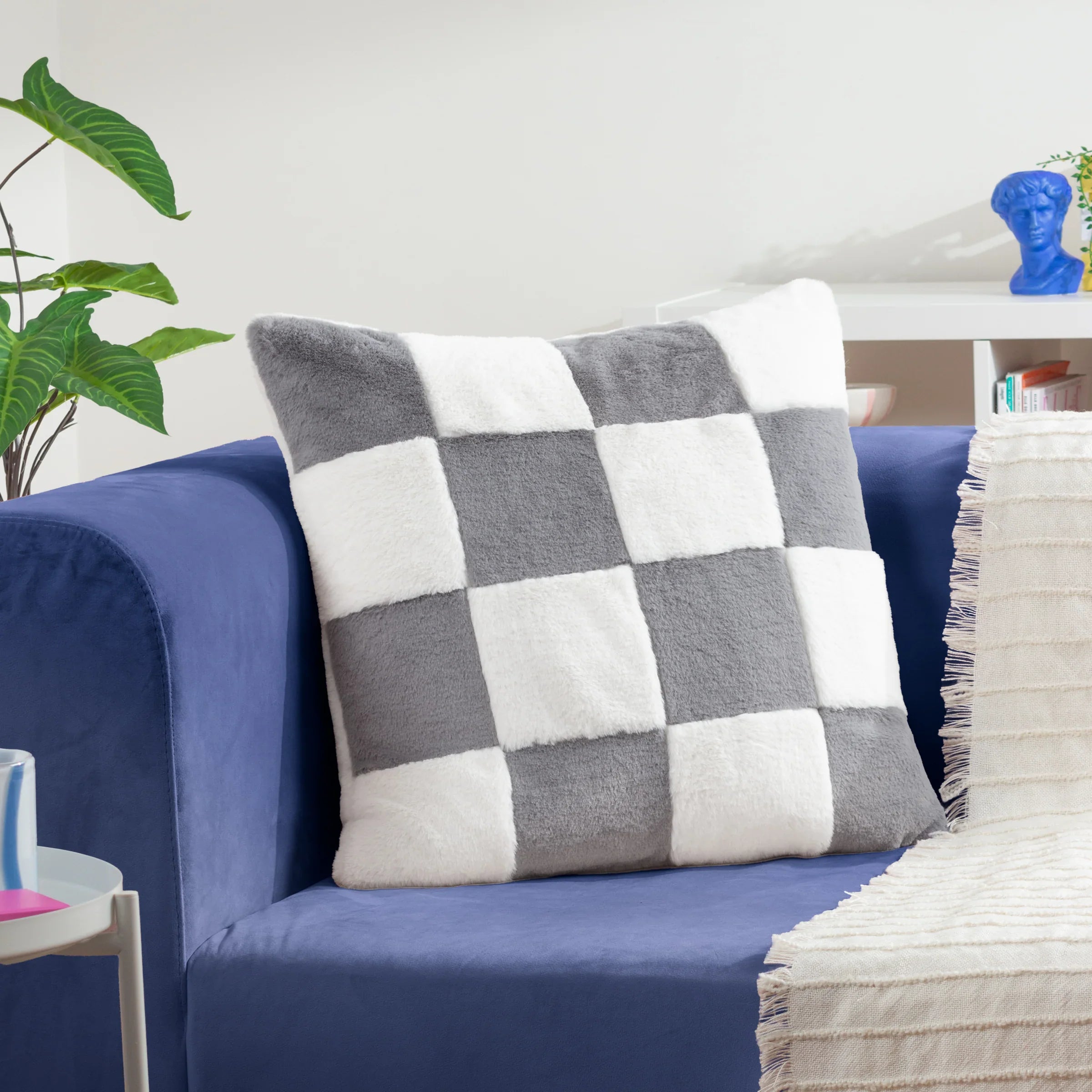 Heya Home (Riva Home) Cushions Slate Blue COZEE CHECK FAUX FUR FEATHER FILLED CUSHION – BLACK, LILAC, PINK OR SLATE BLUE by Heya Home