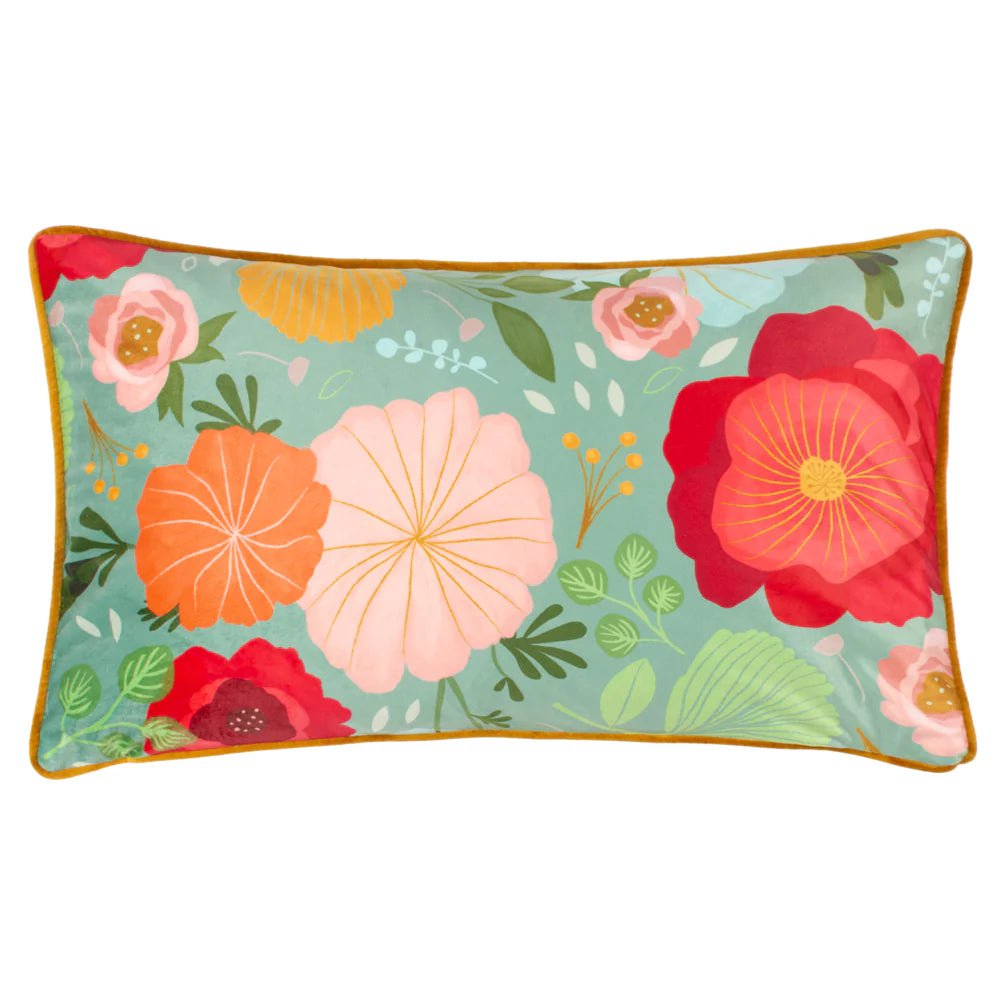 Kate Merritt Designs (Riva Home) Kate Merritt Cushion Kate Merritt Duck Egg Floral Illustrated Rectangular Cushion in Green