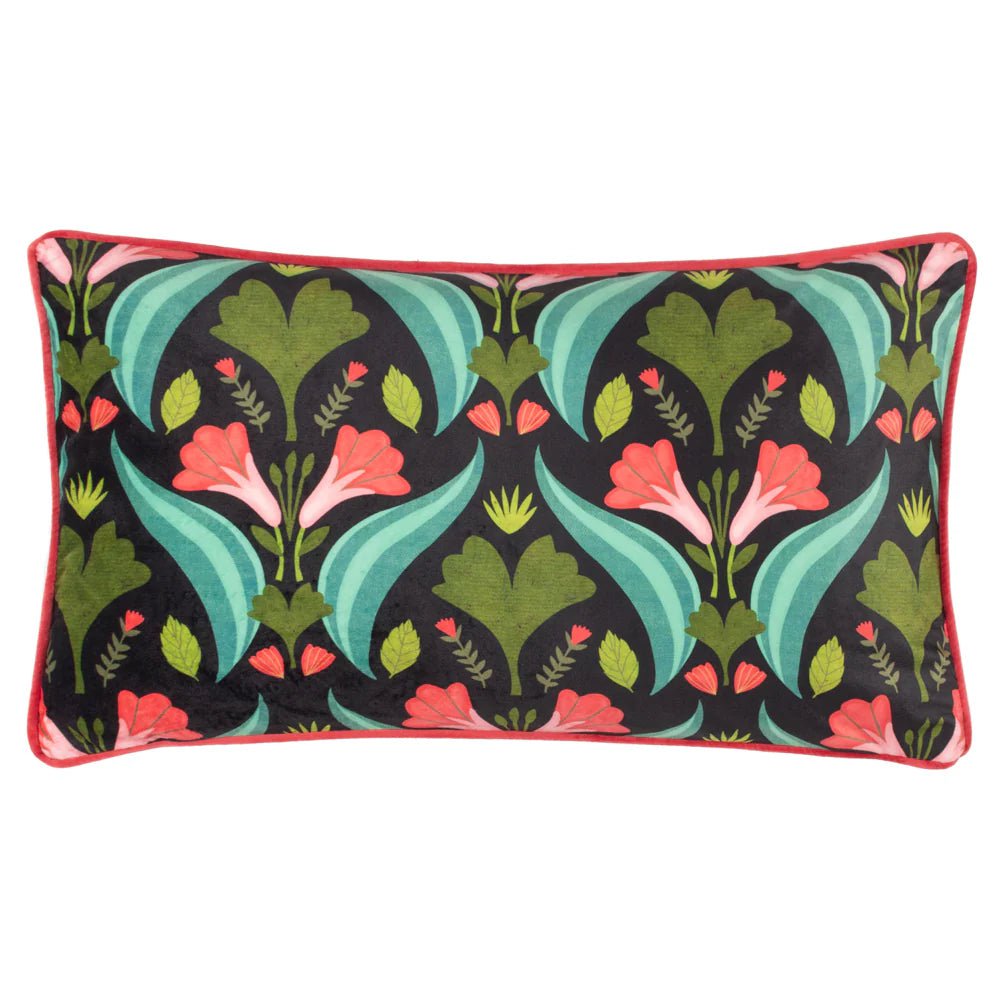 Kate Merritt Designs (Riva Home) Kate Merritt Cushion Kate Merritt Floral Folk Illustrated Cushion in Black/Coral