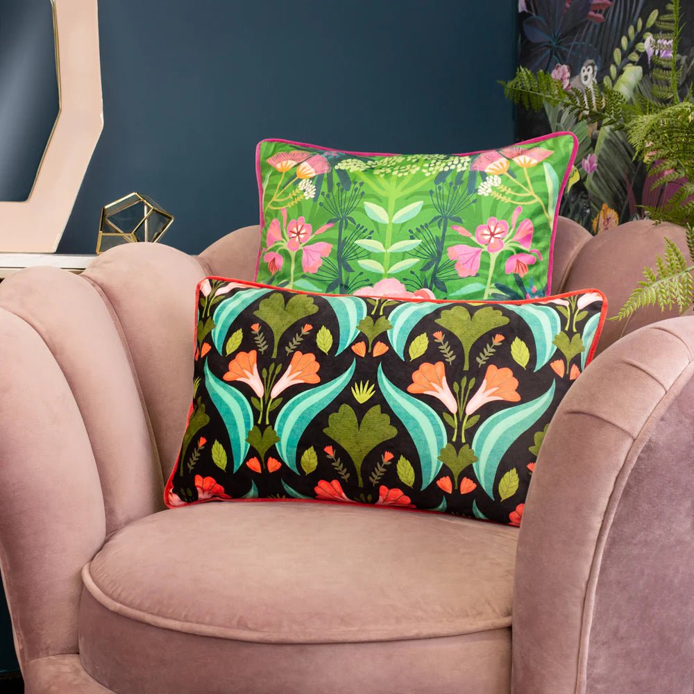 Kate Merritt Designs (Riva Home) Kate Merritt Cushion Kate Merritt Spring Blooms Illustrated Cushion in Green/Fuchsia