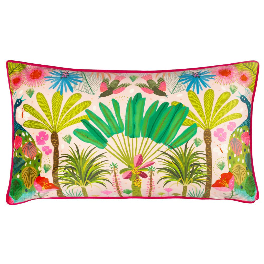 Kate Merritt Designs (Riva Home) Kate Merritt Cushion Kate Merritt Tropical Peacock Illustrated Feather Filled Cushion in Pink