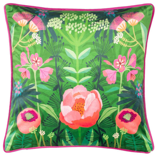 Kate Merritt Designs (Riva Home) Kate Merritt Cushion Spring Blooms Illustrated Cushion in Green/Fuchsia