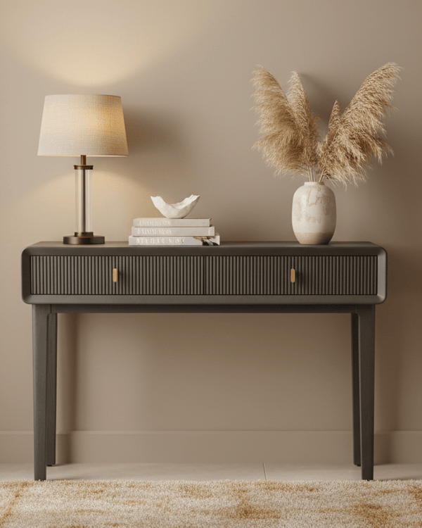 AMELIE SMOKE GREY ELM 2 DRAWER CONSOLE TABLE by Lina Home