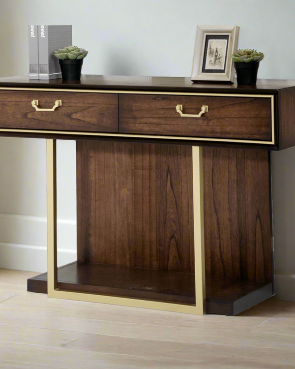 DUBAI CONSOLE TABLE – WALNUT FINISH WITH RED VELVET LINING AND GOLD ACCENTS