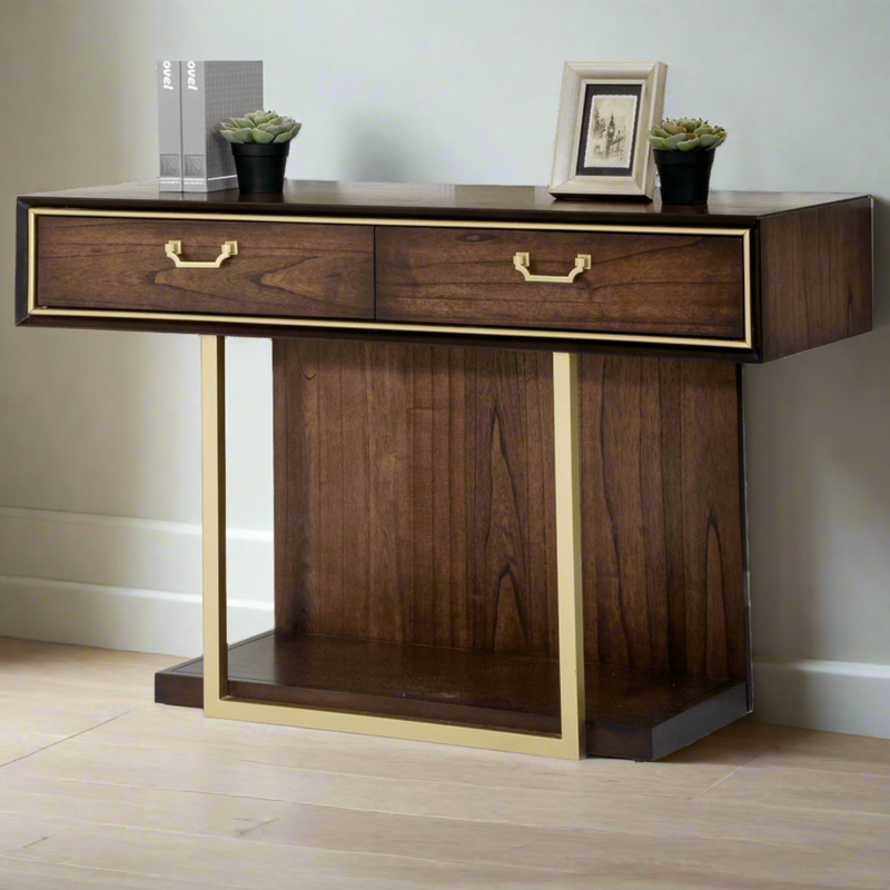 DUBAI CONSOLE TABLE – WALNUT FINISH WITH RED VELVET LINING AND GOLD ACCENTS