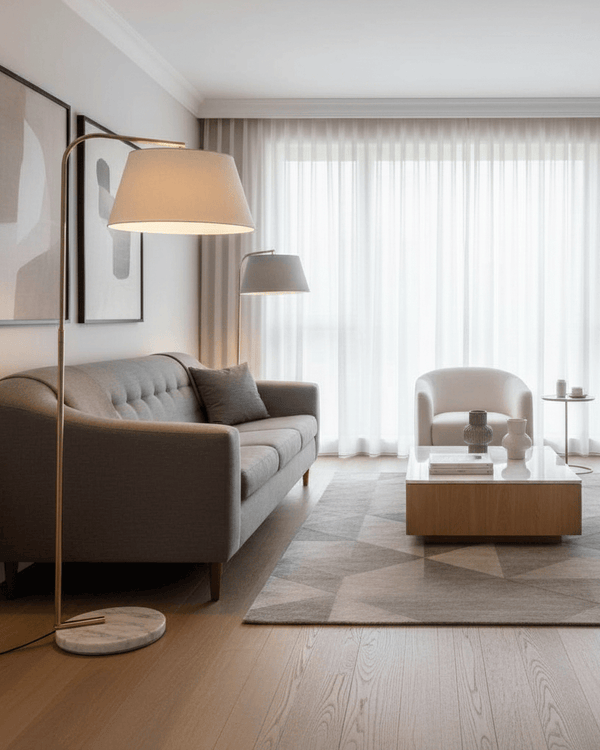 Arc Floor Lamp with Silver and White Marble base  & Grey shade