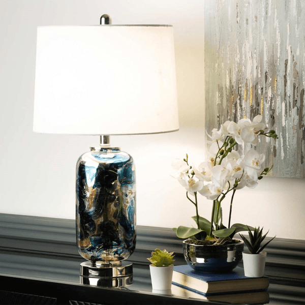 Blue & Silver Glass Table Lamp with White Linen Shade