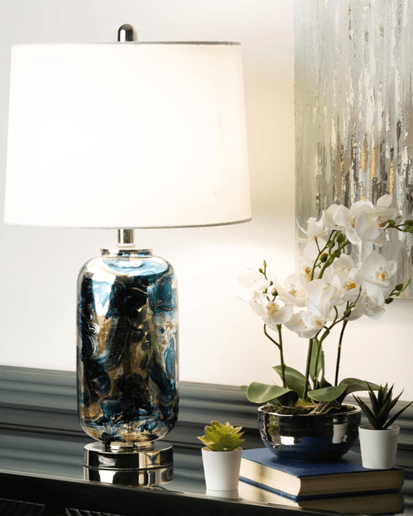Blue & Silver Glass Table Lamp with White Linen Shade
