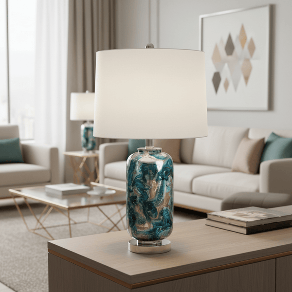 Blue & Silver Glass Table Lamp with White Linen Shade