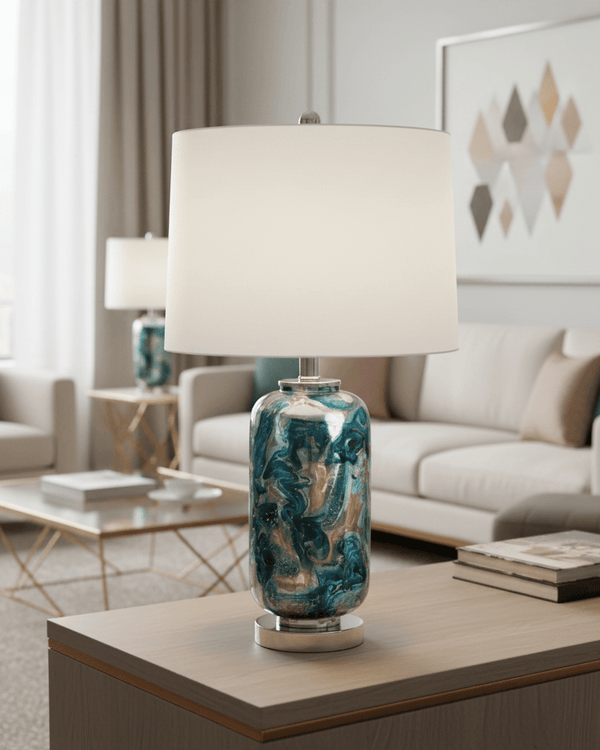 Blue & Silver Glass Table Lamp with White Linen Shade