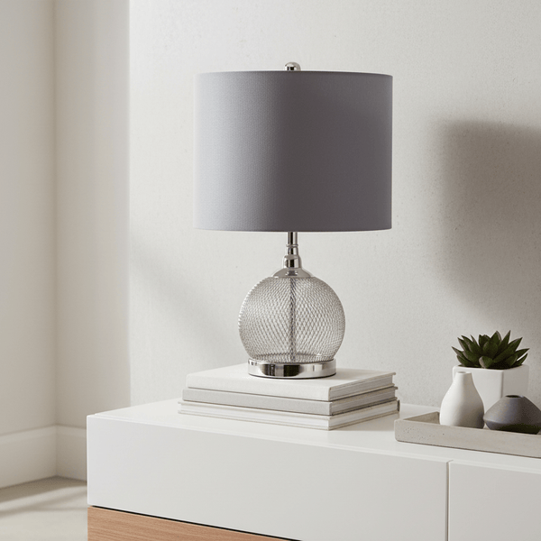 Chrome Wire Mesh Table Lamp with Grey Faux Silk Shade