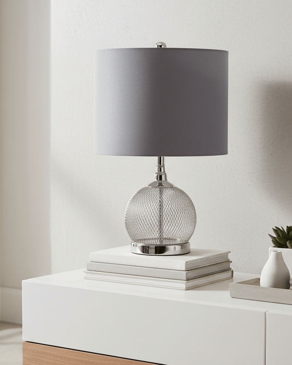 Chrome Wire Mesh Table Lamp with Grey Faux Silk Shade