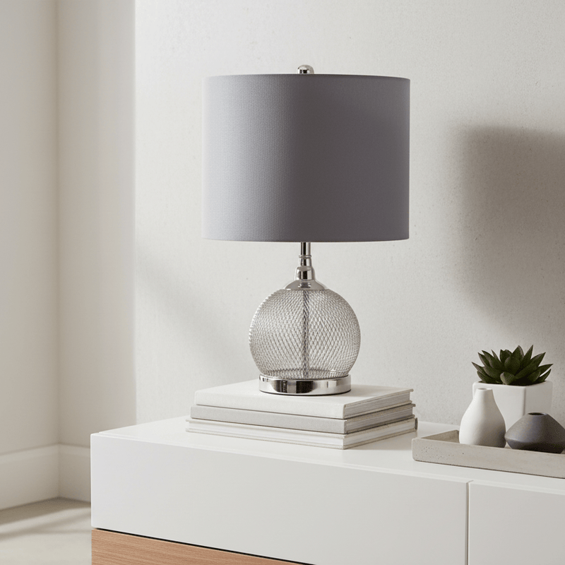 Chrome Wire Mesh Table Lamp with Grey Faux Silk Shade